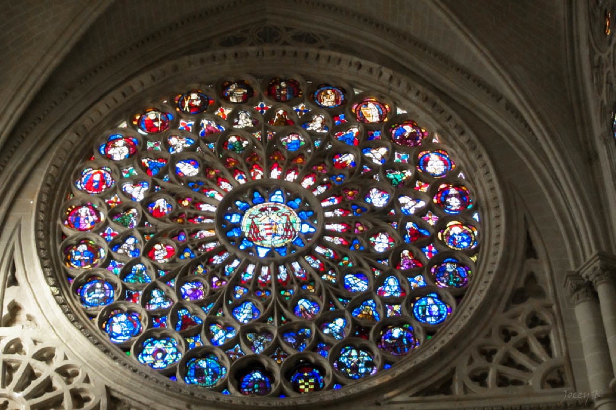 Interior of a Spanish cathedral with stained glass