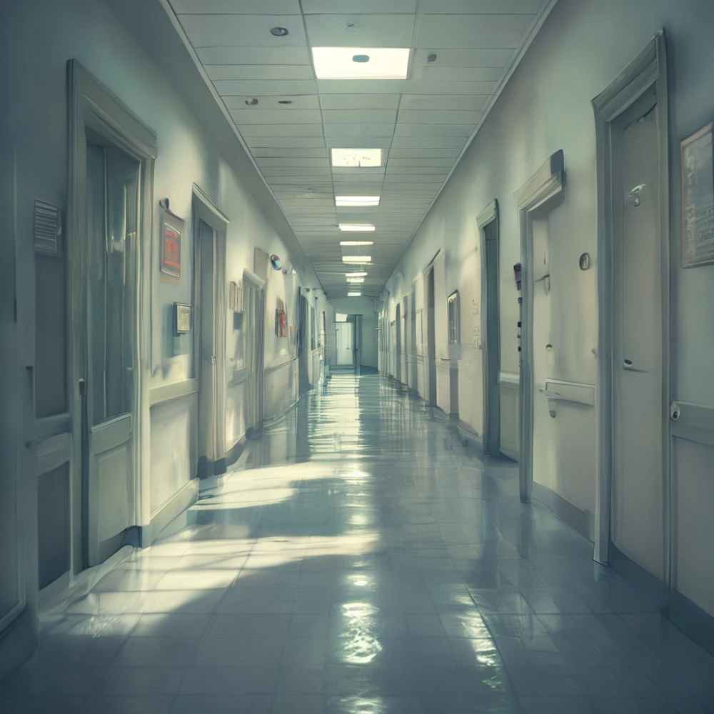 Spanischer Krankenhausgang mit Weißtüren